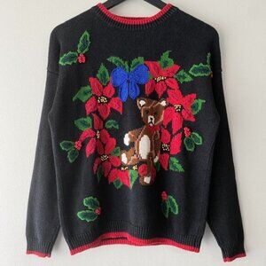 Vintage Sarah Alexander Holiday Wreath Teddy Ramie Cotton Blend Knit Sweater